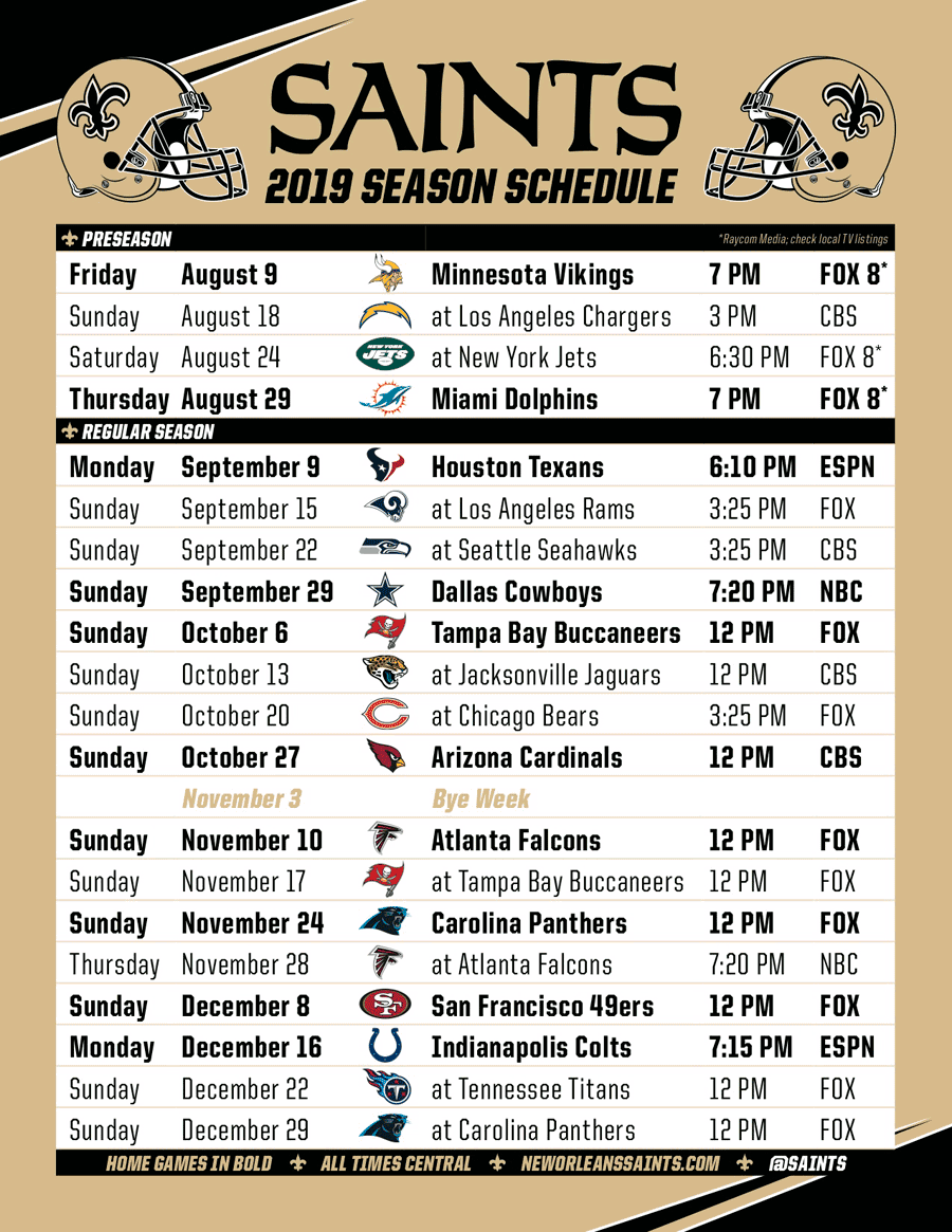 New Orleans Saints calendar 2019