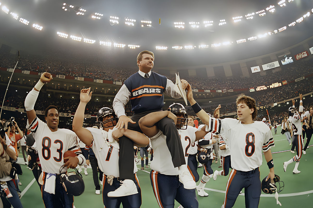 Mike Ditka in spalla a Steve McMichael e William Perry dopo Super Bowl XX